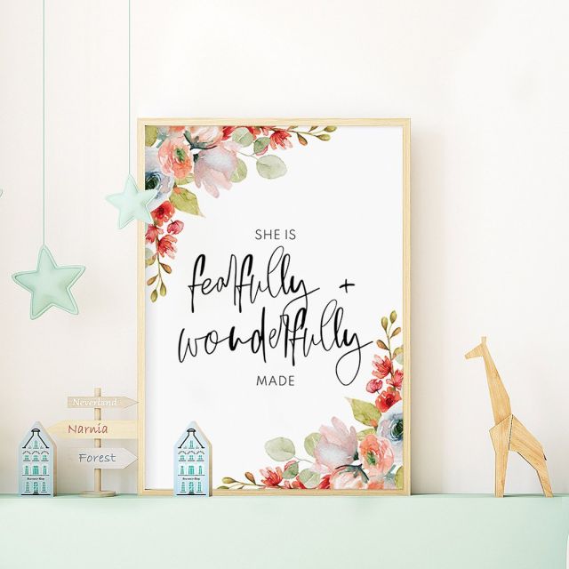 Let your little girl know just how special and unique she is with our 'She is Fearfully & Wonderfully Made' floral nursery art print 🌸🖼️👶🏻 A beautiful and empowering message to remind her that she is loved, cherished, and one of a kind.
⠀⠀⠀⠀⠀⠀⠀⠀⠀
 #nurserydecor #babygirlroom #digitalartprints